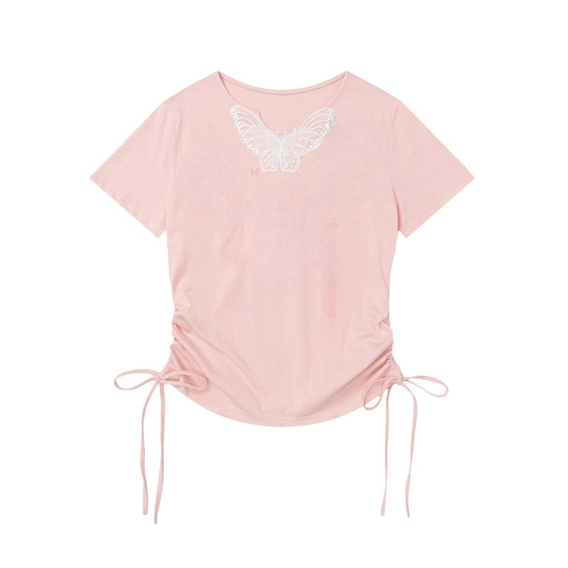 Pink Butterfly Hollow-Decor T-Shirt