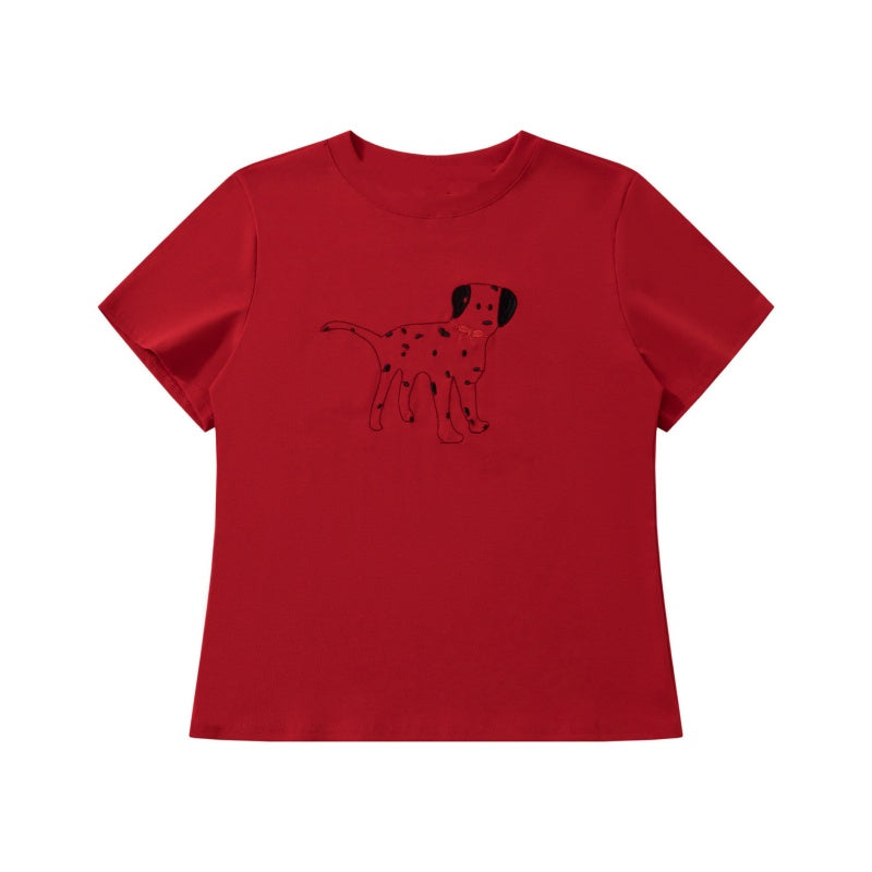 Vintage Red T-Shirt With Puppy Doodle Print